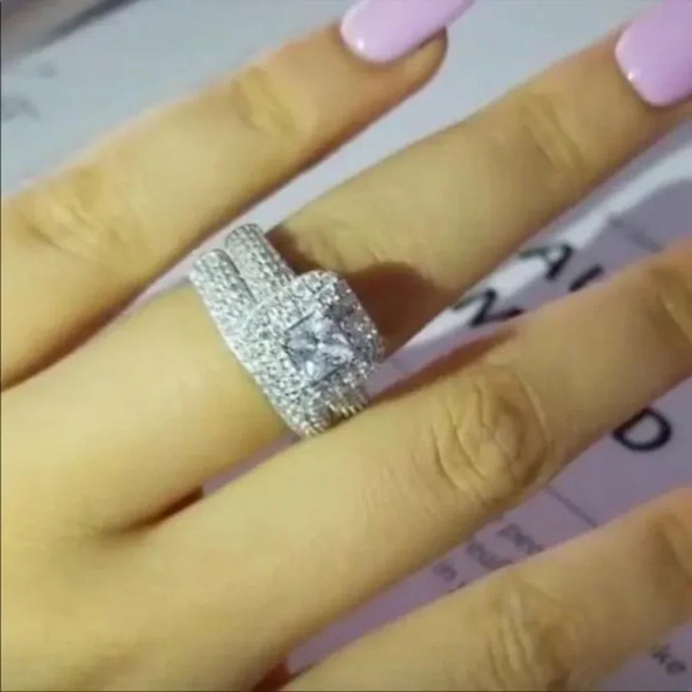 PRINCESS 925 STERLING SILVER DIAMOND HALO RING SET, CUTE RING, SHINY RING. - Picture 3 of 7